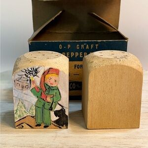 VTG O-P CRAFT WOOD SALT PEPPER SHAKERS ORIGINAL BOX & STOPPERS Partial Finished